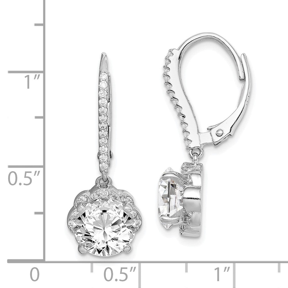 Sterling Silver Rhodium-Plated Polished Cz Flower Leverback Earrings