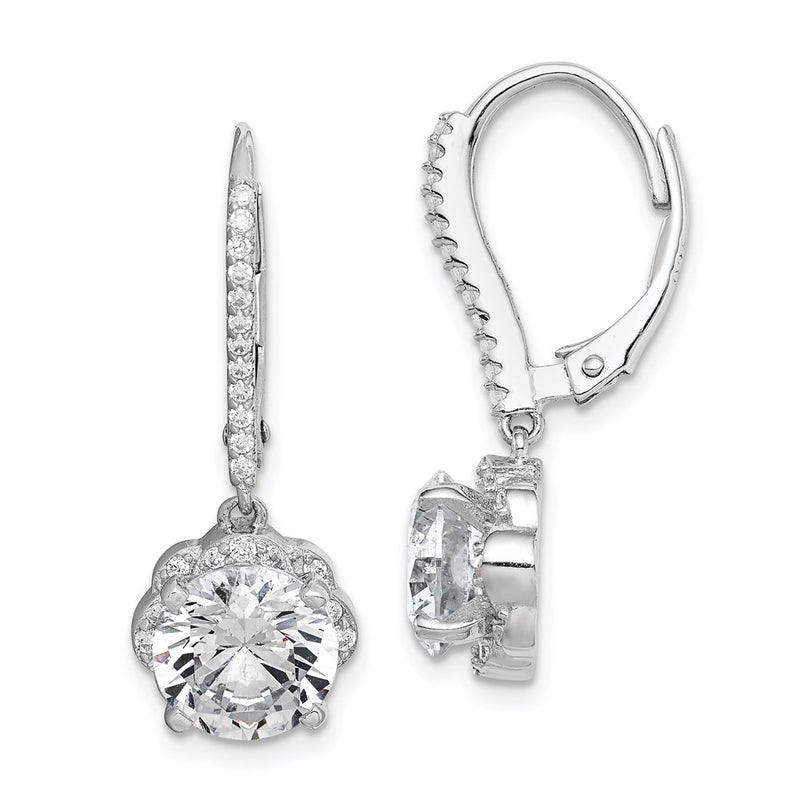 Sterling Silver Rhodium-Plated Polished Cz Flower Leverback Earrings