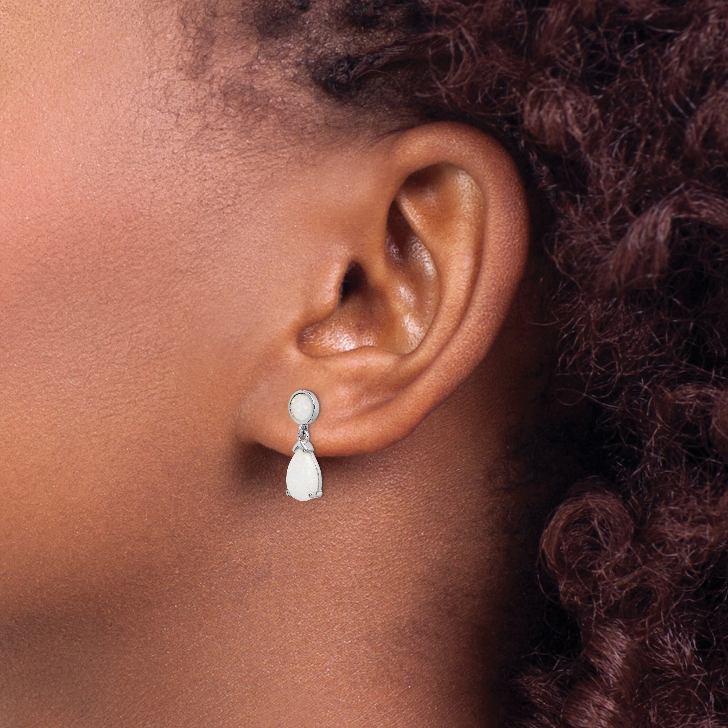 Sterling Silver Rhod-Plated Created Opal Teardrop Post Dangle Earrings
