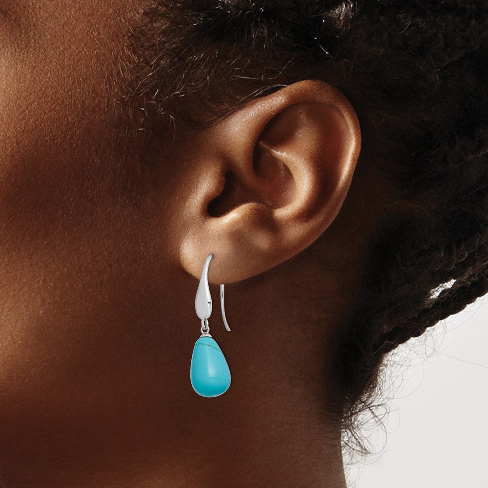 Sterling Silver Rh-Plated Imitation Turquoise Teardrop Dangle Earrings