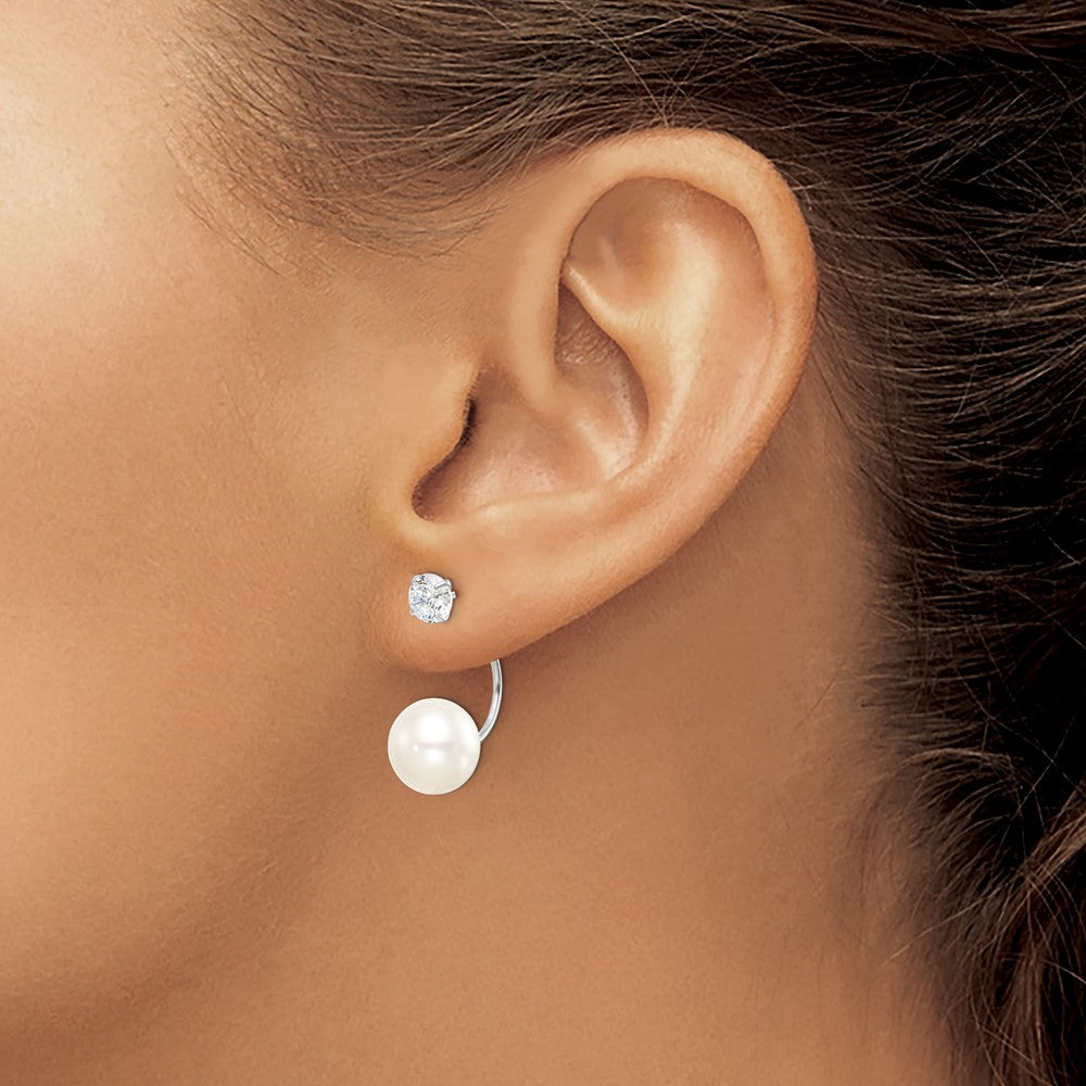 Sterling Silver Rhodium-Plated Polished White 9-10mm Freshwater Cultured Pearl & Cz Front Back Post Dangle Earrings