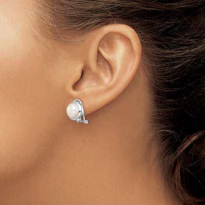 Sterling Silver Rhodium-Plated 8-9mm Button Fwc Pearl Omega Clip Earrings