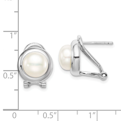 Sterling Silver Rhodium-Plated 8-9mm Button Fwc Pearl Omega Clip Earrings