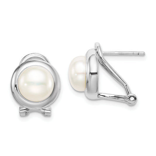 Sterling Silver Rhodium-Plated 8-9mm Button Fwc Pearl Omega Clip Earrings