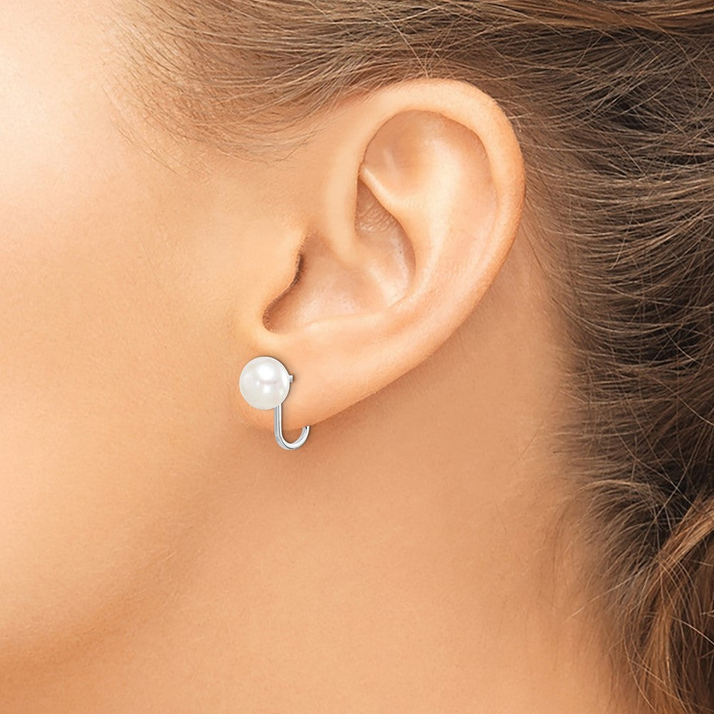 Sterling Silver Rhodium-Plated Polished White 8-9mm Button Freshwater Cultured Pearl Non Pierced Earrings