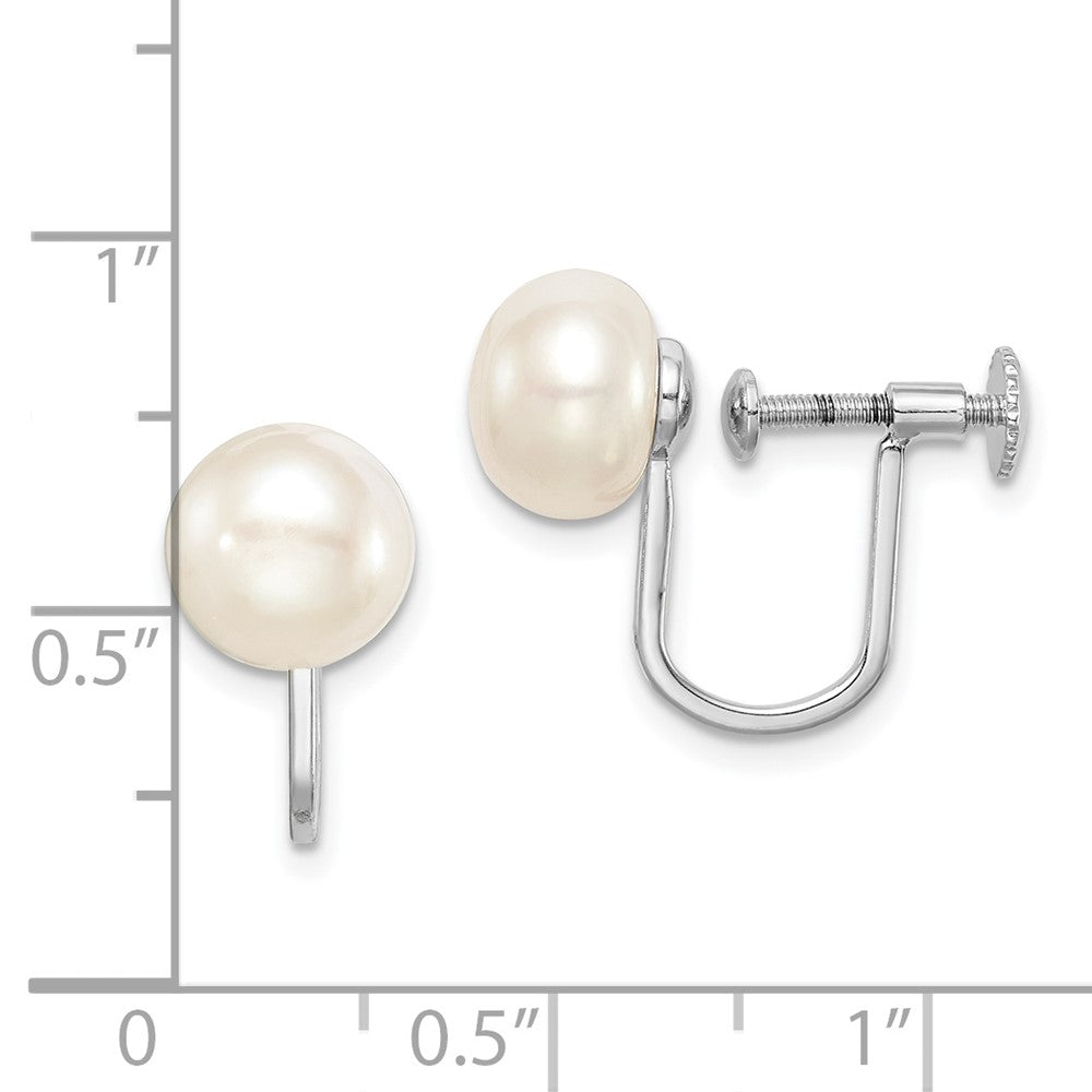 Sterling Silver Rhodium-Plated Polished White 8-9mm Button Freshwater Cultured Pearl Non Pierced Earrings