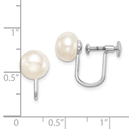 Sterling Silver Rhodium-Plated Polished White 8-9mm Button Freshwater Cultured Pearl Non Pierced Earrings