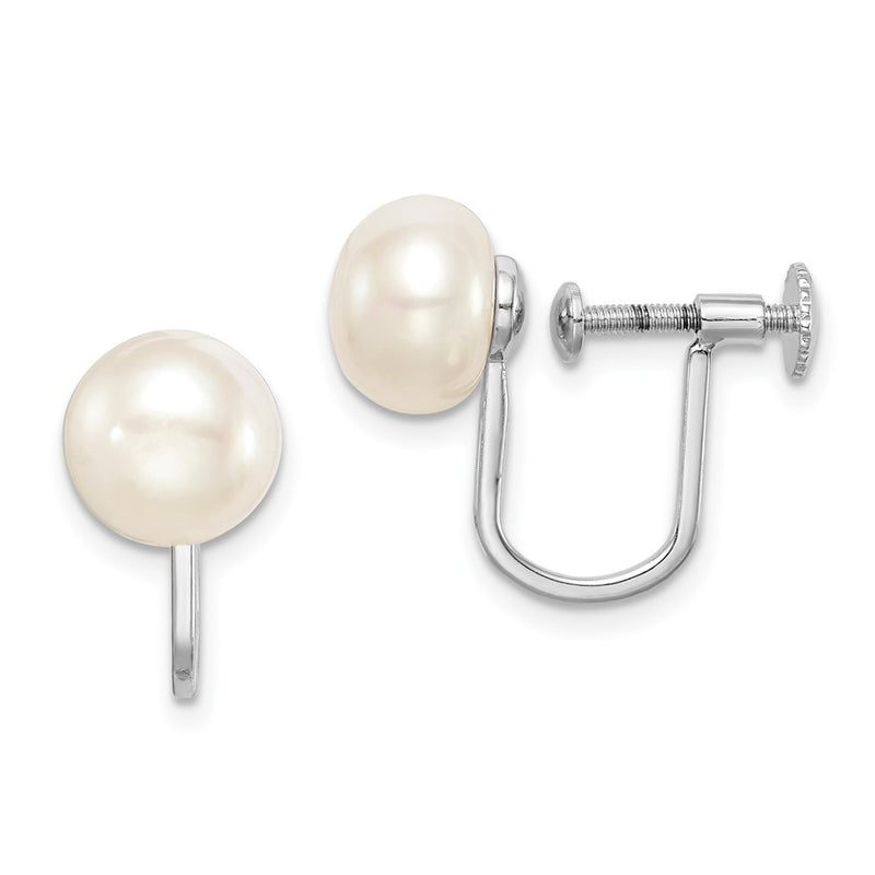 Sterling Silver Rhodium-Plated Polished White 8-9mm Button Freshwater Cultured Pearl Non Pierced Earrings