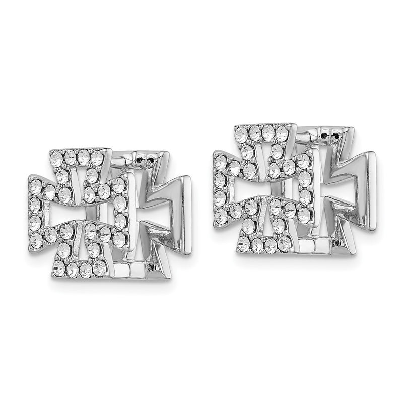 Sterling Silver Rh-Plated Blk Enamel Cross Crystal Hinged Earrings
