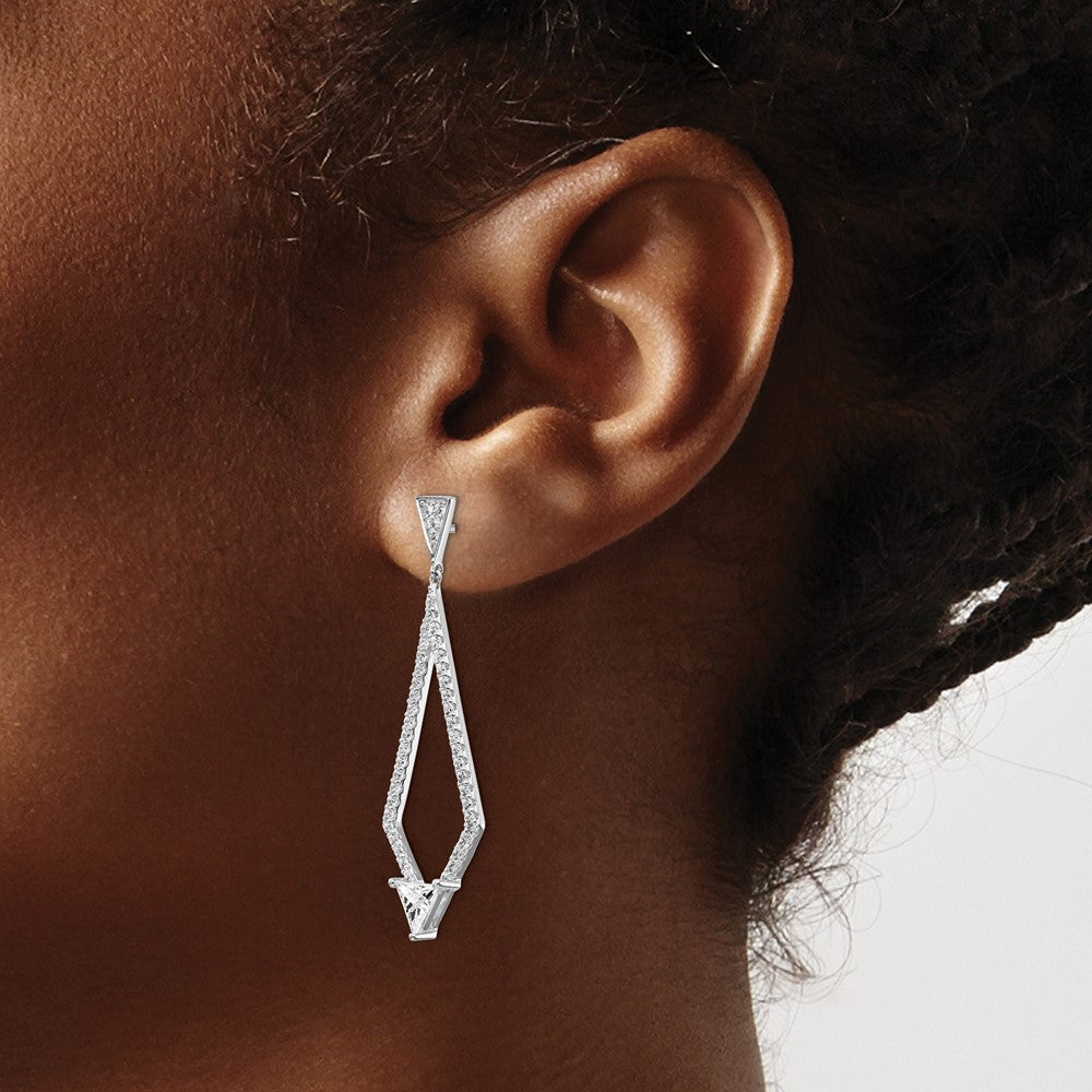 Sterling Silver Shimmer Rhodium-Plated 94 Stone Cz Diamond Shaped Post Dangle Earrings