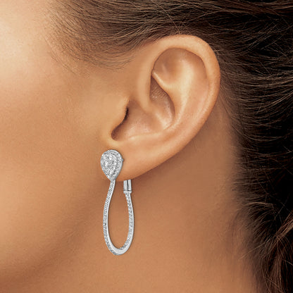 Sterling Silver Shimmer Rhodium-Plated 146 Stone Cz In And Out Fancy Omega Back Hoop Earrings