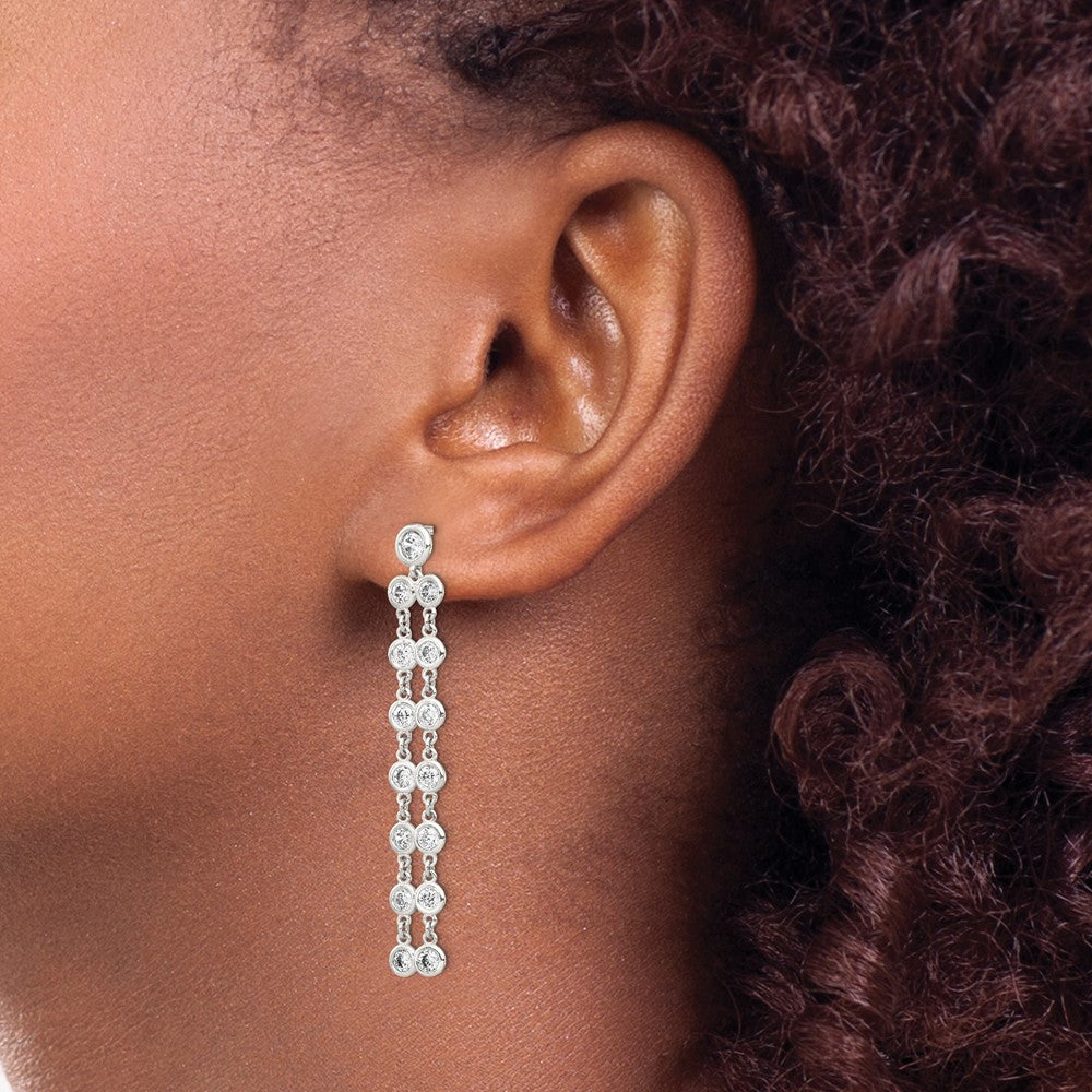 Sterling Silver Shimmer Rhodium-Plated 30 Stone Cz 2 Strand Post Dangle Earrings