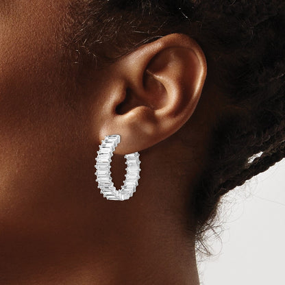 Sterling Silver Shimmer Rhodium-Plated 40 Stone 2.5X5mm Cz In And Out Round Hinged Hoop Earrings