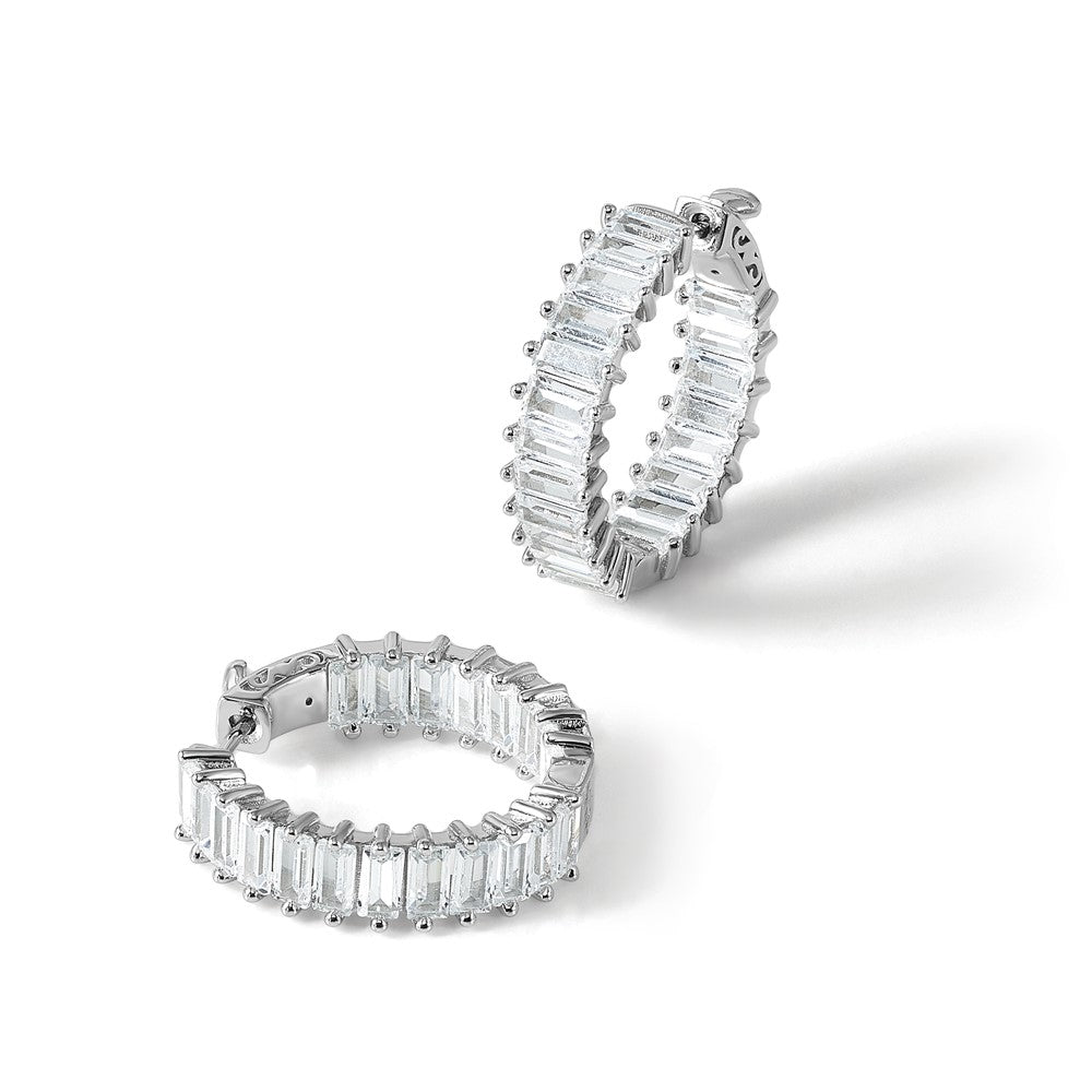 Sterling Silver Shimmer Rhodium-Plated 40 Stone 2.5X5mm Cz In And Out Round Hinged Hoop Earrings