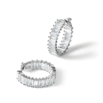Sterling Silver Shimmer Rhodium-Plated 40 Stone 2.5X5mm Cz In And Out Round Hinged Hoop Earrings