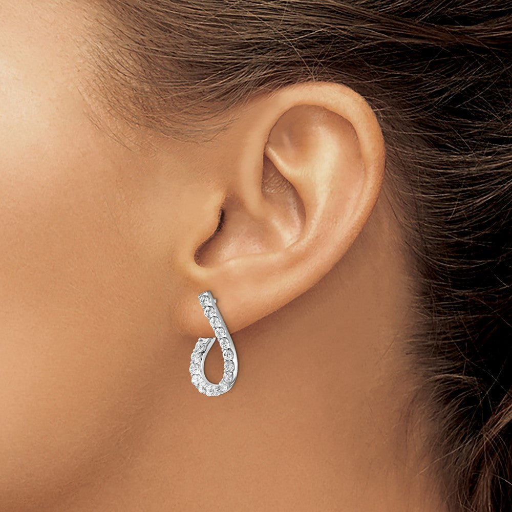 Sterling Silver Shimmer Rhodium-Plated 32 Stone Cz Front And Back Teardrop Hinged Hoop Earrings