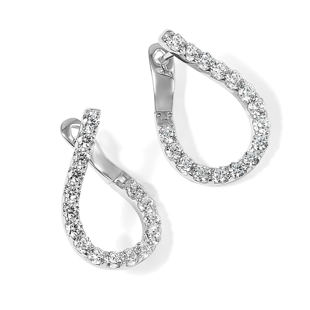 Sterling Silver Shimmer Rhodium-Plated 32 Stone Cz Front And Back Teardrop Hinged Hoop Earrings