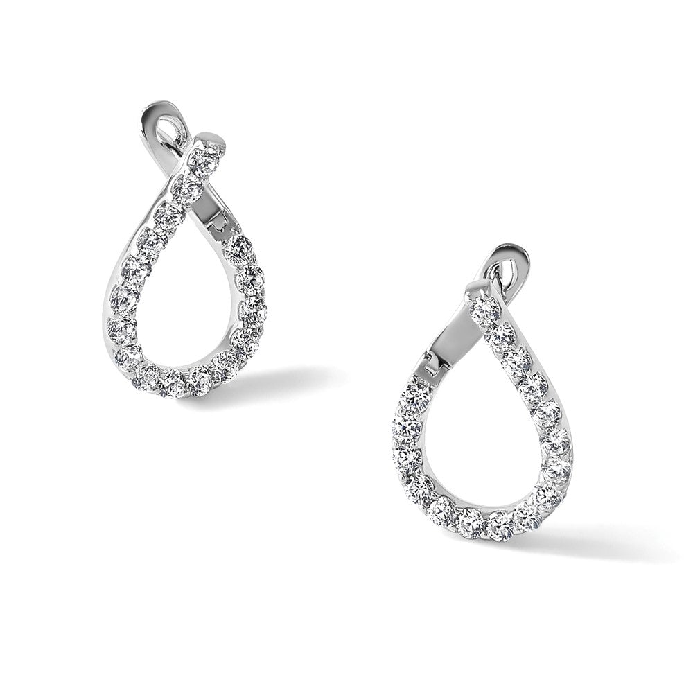 Sterling Silver Shimmer Rhodium-Plated 32 Stone Cz Front And Back Teardrop Hinged Hoop Earrings