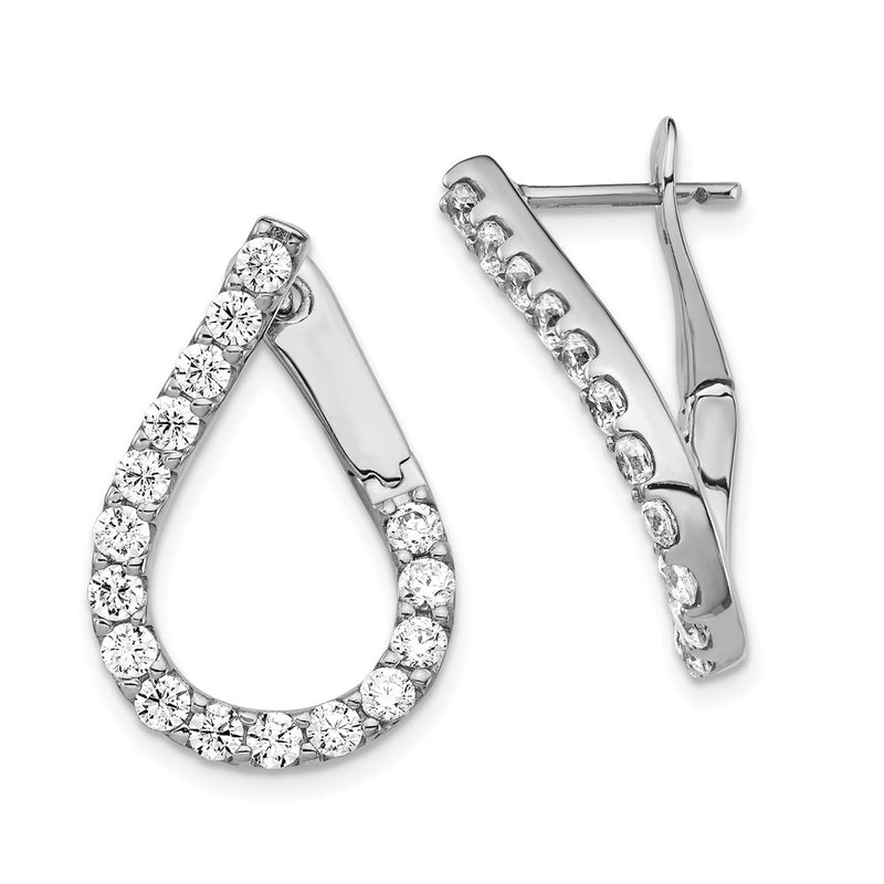Sterling Silver Shimmer Rhodium-Plated 32 Stone Cz Front And Back Teardrop Hinged Hoop Earrings