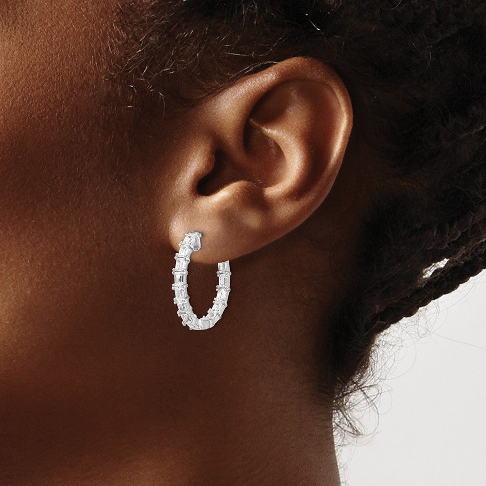 Sterling Silver Shimmer Rhodium-Plated 26 Stone 2X4mm Cz In And Out Round Hinged Hoop Earrings