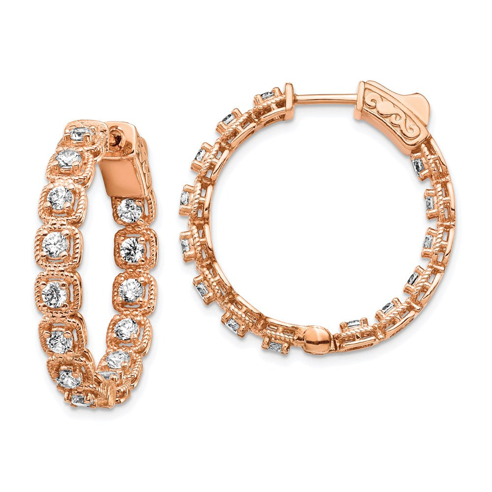 Sterling Silver Shimmer Rose-Tone Rose Flash Gold-Plated 28 Stone 2.5mm Cz In And Out Round Hinged Hoop Earrings
