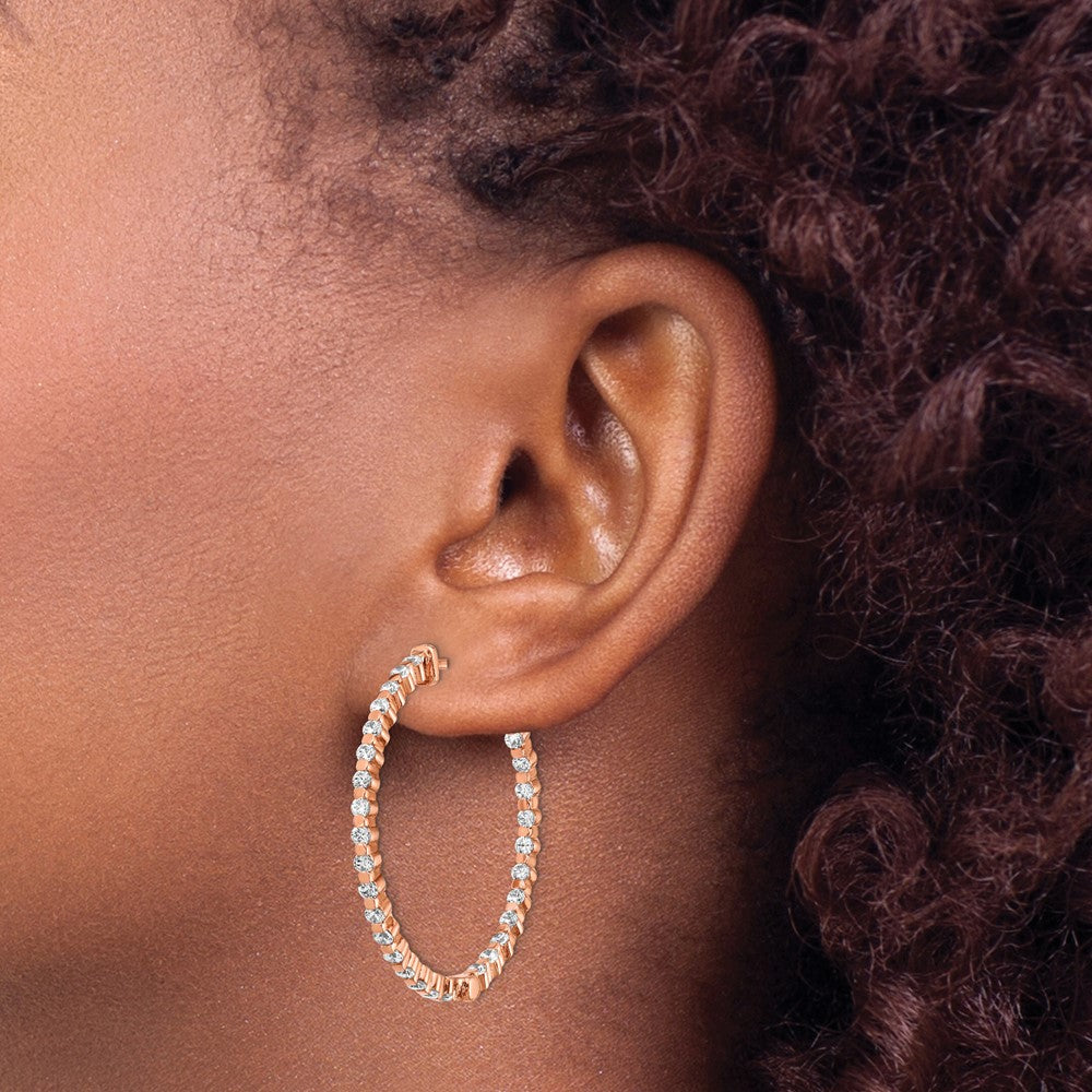 Sterling Silver Shimmer Rose-Tone Rose Flash Gold-Plated 60 Stone 2mm Cz In And Out Round Hinged Hoop Earrings