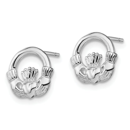 Sterling Silver De-Ani Rhodium-Plated Polished Claddagh Post Earrings