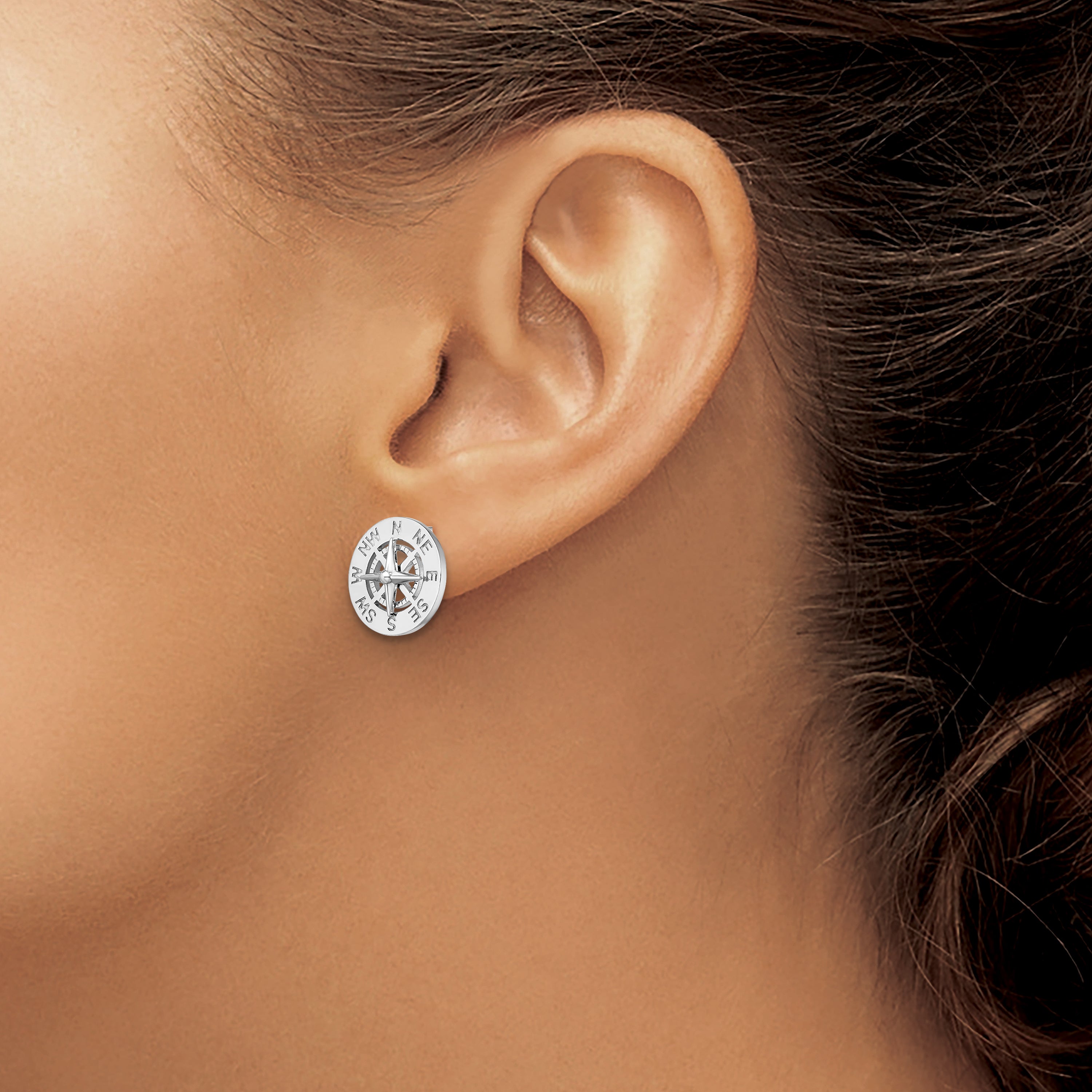 Sterling Silver De-Ani Rhodium-Plated Mini Nautical Compass Post Earrings