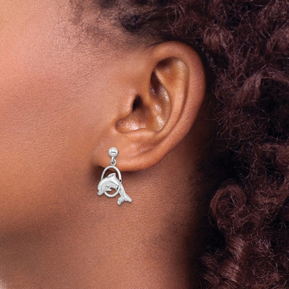 Sterling Silver De-Ani Rhodium-Plated Dolphin In Hoop Dangle Post Earrings