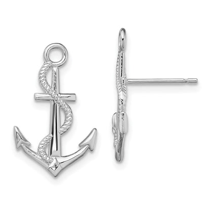 Sterling Silver De-Ani Rhodium-Plated Polished Anchor With Rope Post Earrings
