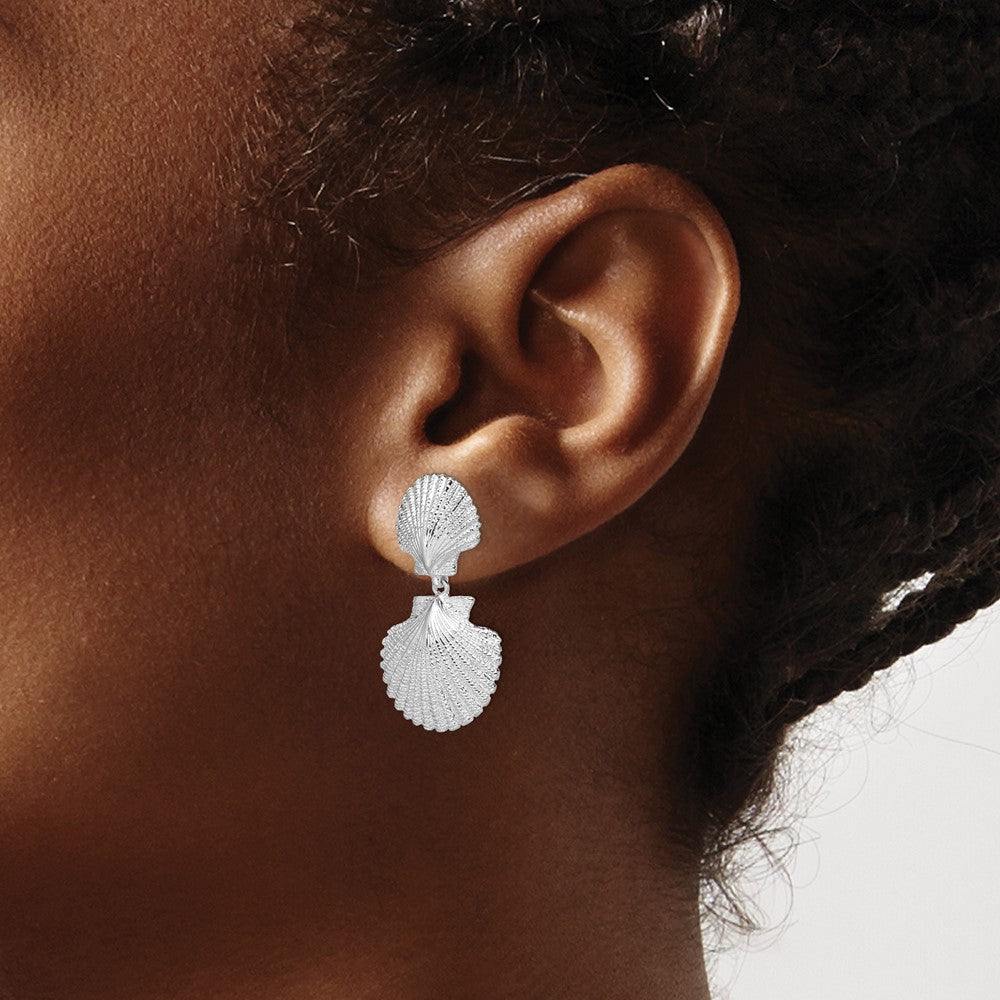 Sterling Silver De-Ani Rhodium-Plated Polished Double Shell Dangle Post Earrings