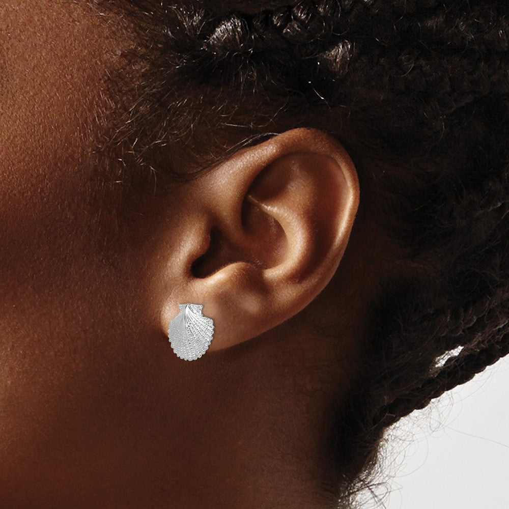 Sterling Silver De-Ani Rhodium-Plated Polished Scallop Shell Post Earrings
