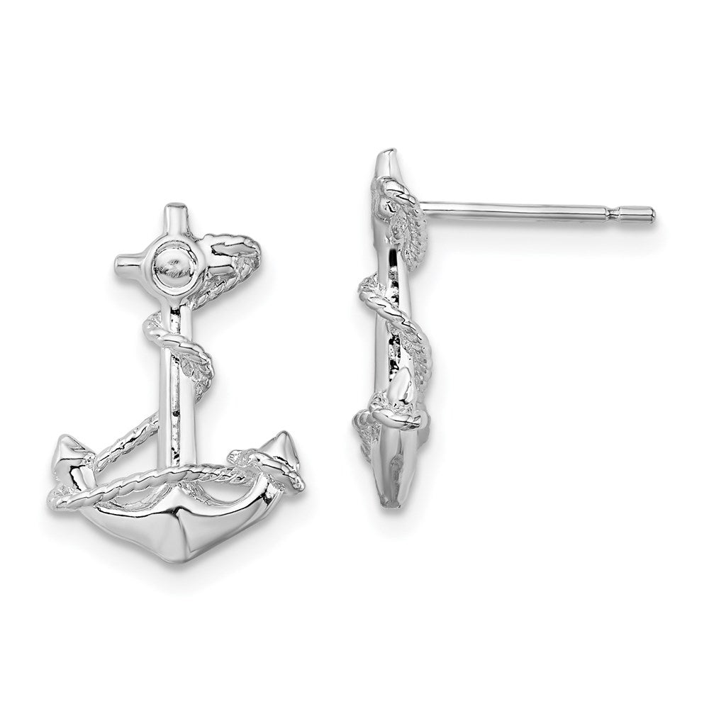 Sterling Silver De-Ani Rhodium-Plated Polished Anchor With Rope Post Earrings