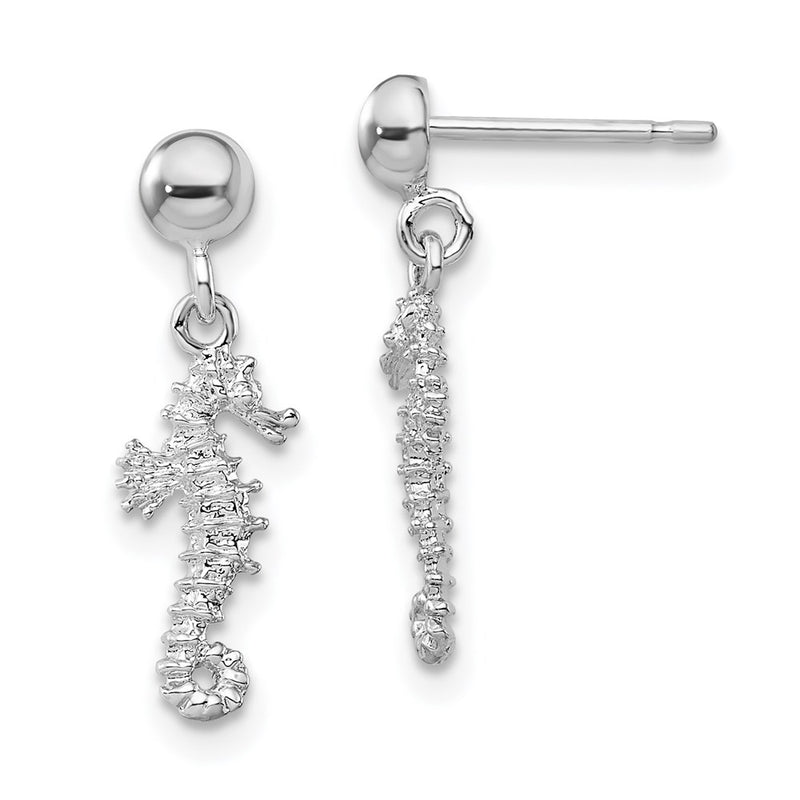 Sterling Silver De-Ani Rhodium-Plated 3D Mini Seahorse Dangle Post Earrings