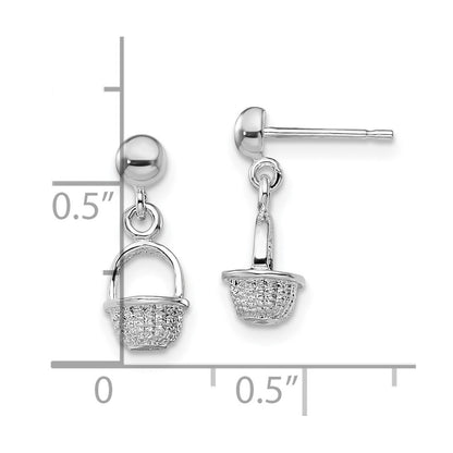 Sterling Silver Polished 3D Mini Basket Dangle Post Earrings