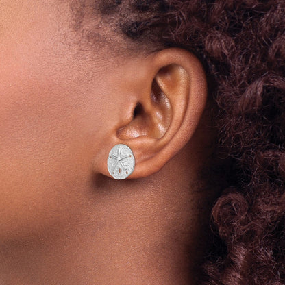 Sterling Silver De-Ani Rhodium-Plated Small Sand Dollar With Starfish Post Earrings