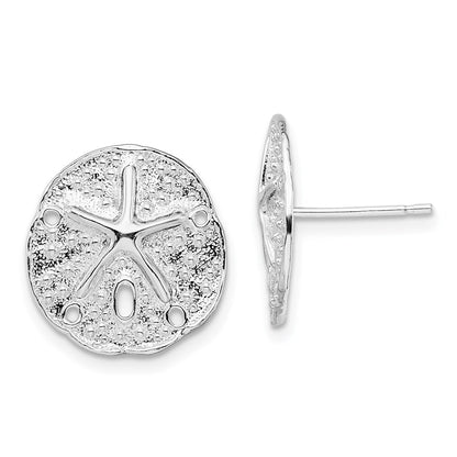 Sterling Silver De-Ani Rhodium-Plated Small Sand Dollar With Starfish Post Earrings