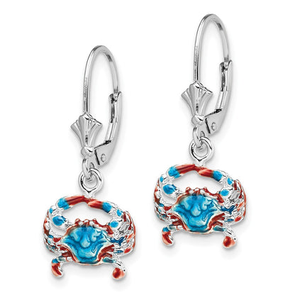 Sterling Silver De-Ani Rhodium-Plated Enameled Blue Crab Leverback Earrings