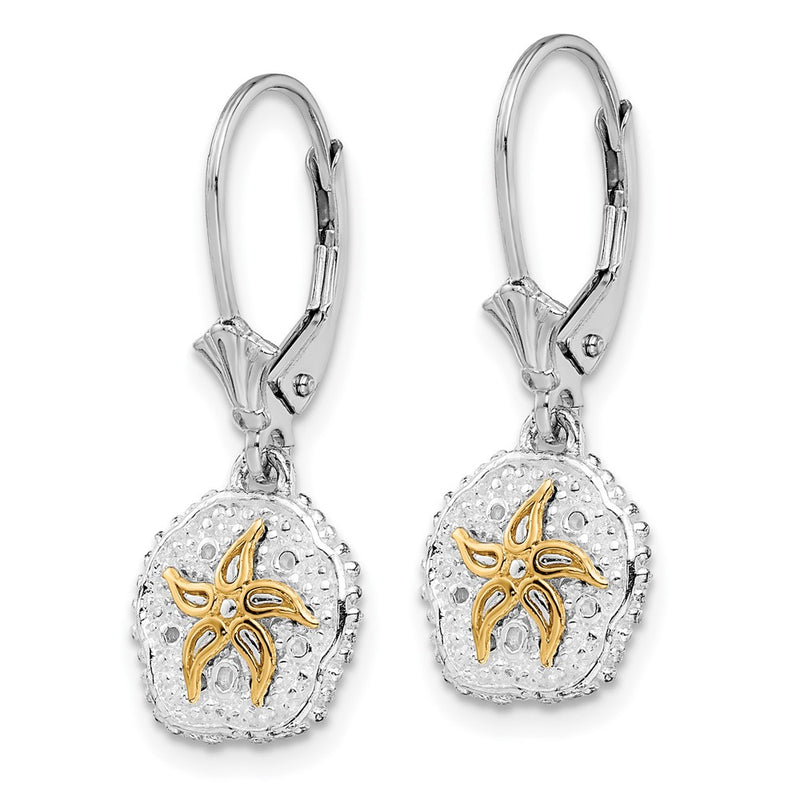 Silver/14K Two-Tone De-Ani Sterling Silver Rhodium-Plated Sand Dollar With 14K Starfish Leverback Earrings