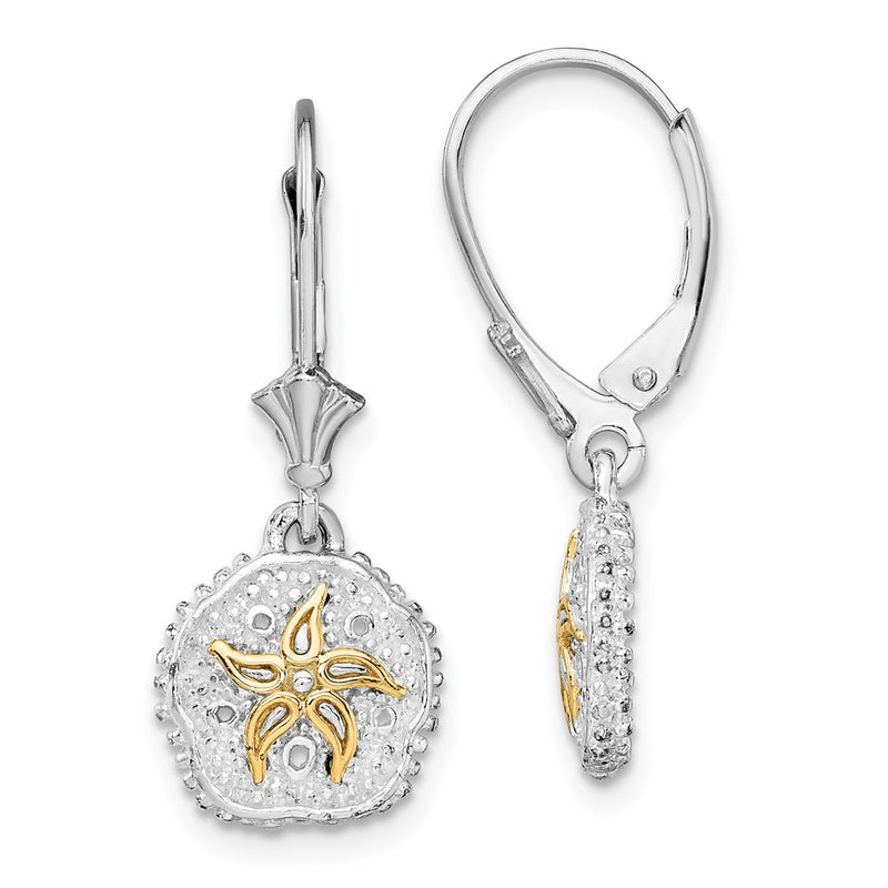 Silver/14K Two-Tone De-Ani Sterling Silver Rhodium-Plated Sand Dollar With 14K Starfish Leverback Earrings