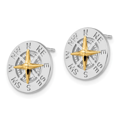 Silver/14K Two-Tone De-Ani Sterling Silver Rhodium-Plated Mini Compass With 14K Needle Post Earrings
