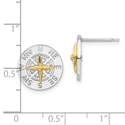 Silver/14K Two-Tone De-Ani Sterling Silver Rhodium-Plated Mini Compass With 14K Needle Post Earrings