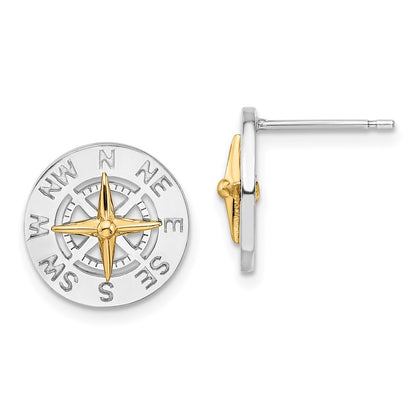 Silver/14K Two-Tone De-Ani Sterling Silver Rhodium-Plated Mini Compass With 14K Needle Post Earrings