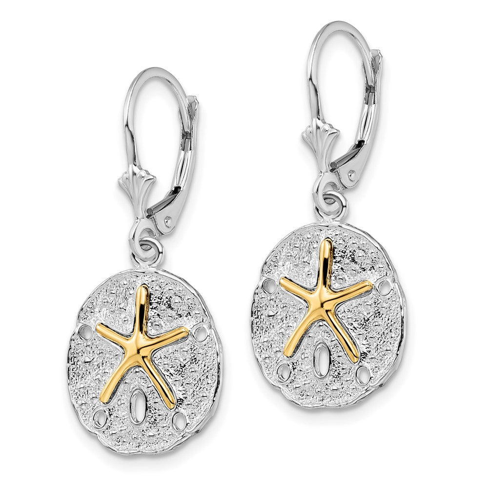Silver/14K Two-Tone De-Ani Sterling Silver Rhodium-Plated Sand Dollar With 14K Starfish Leverback Earrings