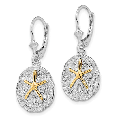 Silver/14K Two-Tone De-Ani Sterling Silver Rhodium-Plated Sand Dollar With 14K Starfish Leverback Earrings