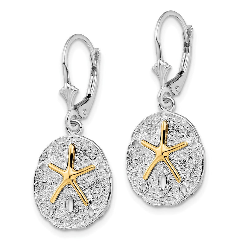 Silver/14K Two-Tone De-Ani Sterling Silver Rhodium-Plated Sand Dollar With 14K Starfish Leverback Earrings