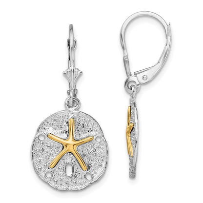 Silver/14K Two-Tone De-Ani Sterling Silver Rhodium-Plated Sand Dollar With 14K Starfish Leverback Earrings