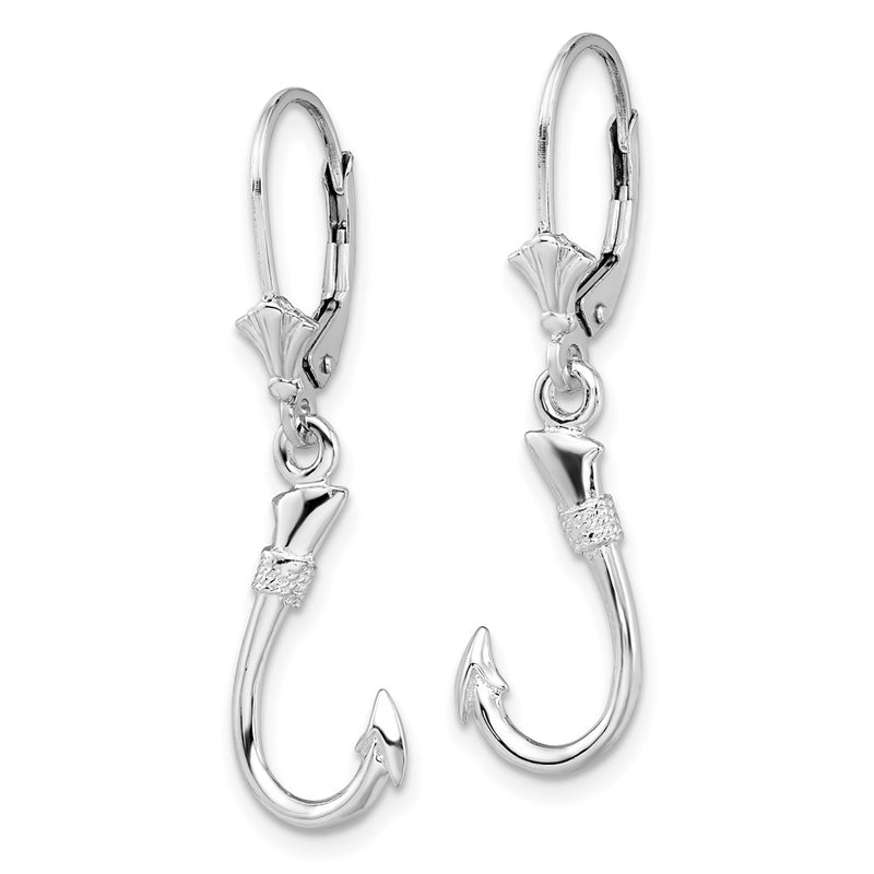 Sterling Silver De-Ani Rhodium-Plated Polished 3D Fish Hook Leverback Earrings