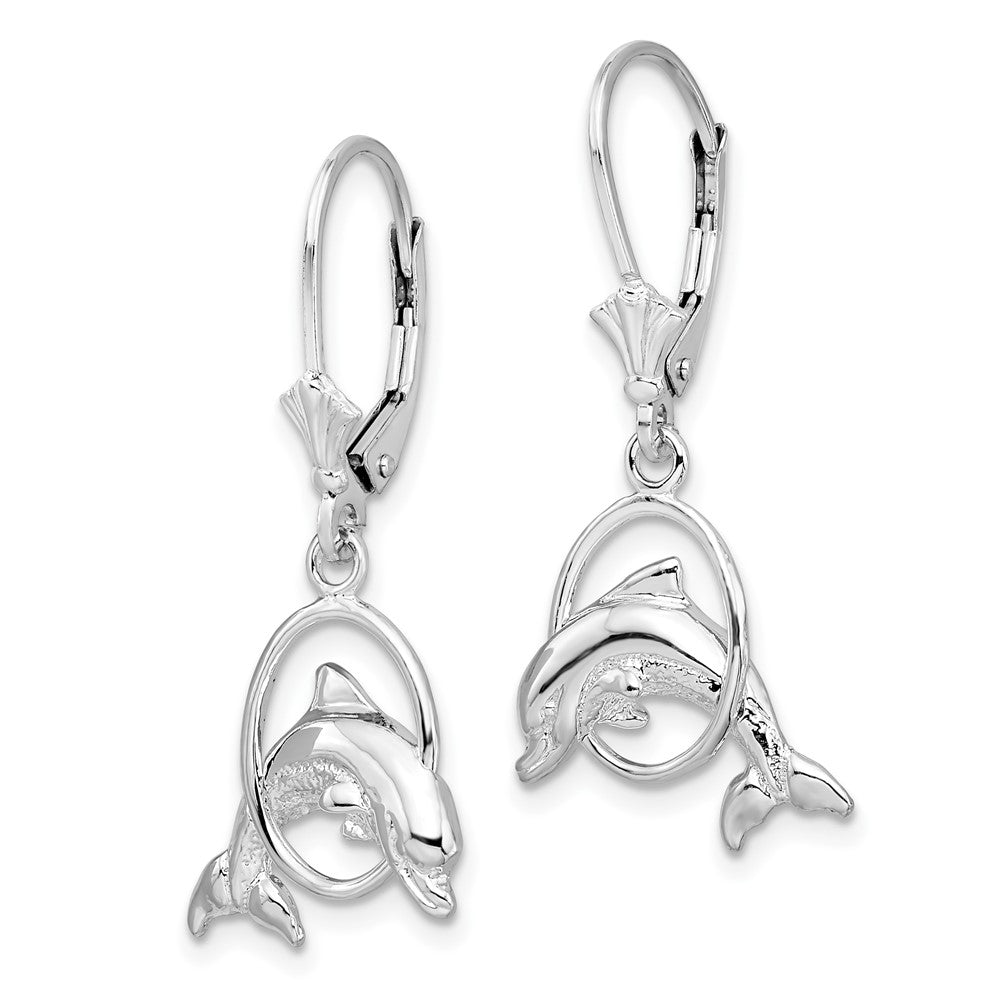 Sterling Silver De-Ani Rhodium-Plated Dolphin In Hoop Leverback Earrings