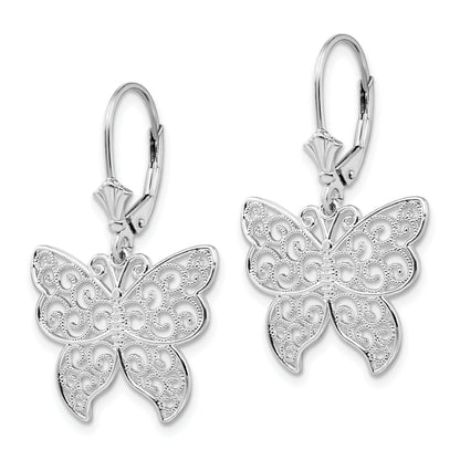 Sterling Silver De-Ani Rhodium-Plated Polished Filigree Butterfly Leverback Earrings